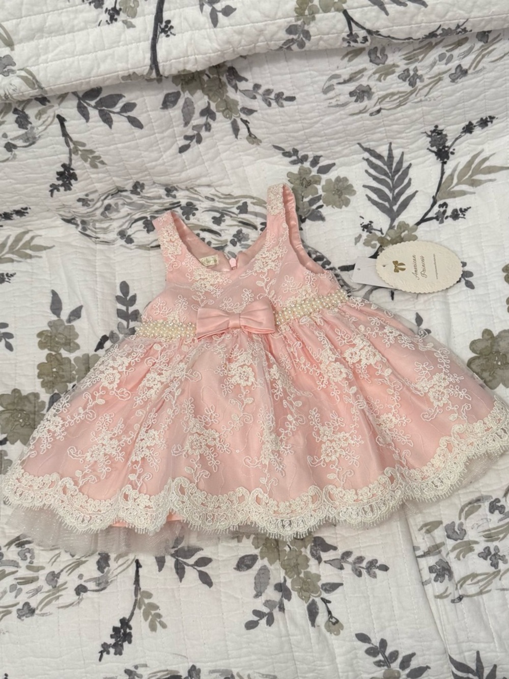 American Princess Pink Lace Baby Dress with Bow